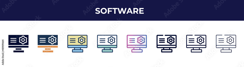 software icon in 8 styles. line, filled, glyph, thin outline, colorful, stroke and gradient styles, software vector sign. symbol, logo illustration. different style icons set. software icon in 8 styles. line, filled, glyph, thin outline, colorful, stroke and gradient styles, software vector sign. symbol, logo illustration. different style icons set.