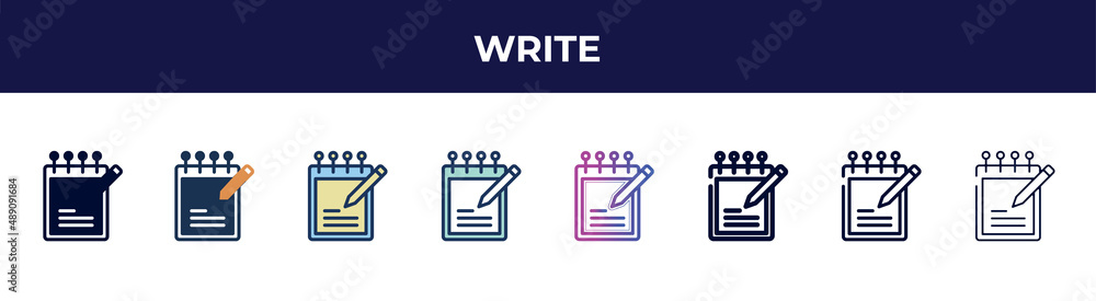write icon in 8 styles. line, filled, glyph, thin outline, colorful, stroke and gradient styles, write vector sign. symbol, logo illustration. different style icons set. write icon in 8 styles. line, filled, glyph, thin outline, colorful, stroke and gradient styles, write vector sign. symbol, logo illustration. different style icons set.