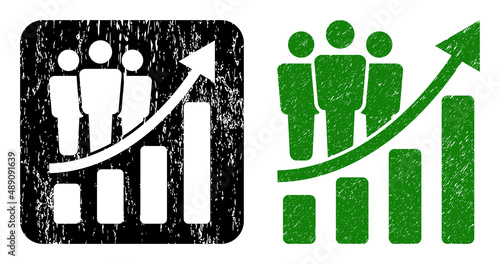Vector clients growth chart subtracted icon. Grunge clients growth chart seal, done from icon and rounded square. Rounded square stamp seal include clients growth chart carving inside.