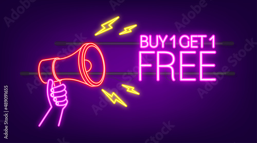 Buy 1 Get 1 Free, sale tag, banner design template. Neon icon. Vector stock illustration.