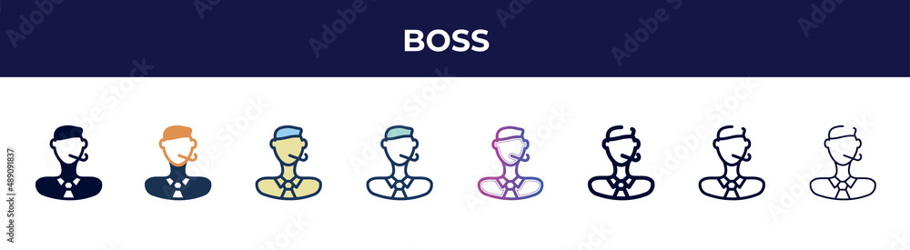 boss icon in 8 styles. line, filled, glyph, thin outline, colorful, stroke and gradient styles, boss vector sign. symbol, logo illustration. different style icons set. boss icon in 8 styles. line, filled, glyph, thin outline, colorful, stroke and gradient styles, boss vector sign. symbol, logo illustration. different style icons set.