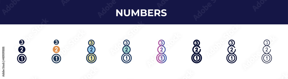 numbers icon in 8 styles. line, filled, glyph, thin outline, colorful, stroke and gradient styles, numbers vector sign. symbol, logo illustration. different style icons set.