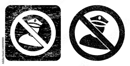 Vector no policeman carved icon. Grunge no policeman seal, done from icon and rounded square. Rounded square stamp seal have no policeman carving inside. Vector no policeman grunge images.