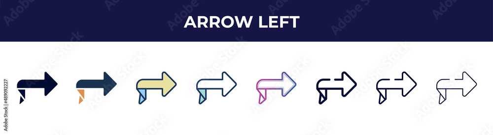 Fototapeta premium arrow left icon in 8 styles. line, filled, glyph, thin outline, colorful, stroke and gradient styles, arrow left vector sign. symbol, logo illustration. different style icons set.