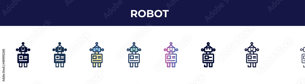 robot icon in 8 styles. line, filled, glyph, thin outline, colorful, stroke and gradient styles, robot vector sign. symbol, logo illustration. different style icons set. robot icon in 8 styles. line, filled, glyph, thin outline, colorful, stroke and gradient styles, robot vector sign. symbol, logo illustration. different style icons set.