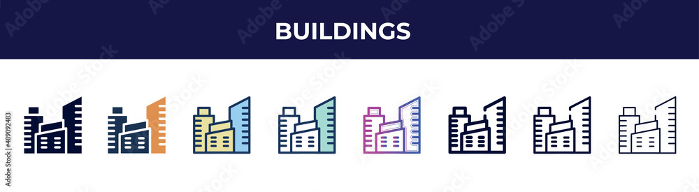 buildings icon in 8 styles. line, filled, glyph, thin outline, colorful, stroke and gradient styles, buildings vector sign. symbol, logo illustration. different style icons set.