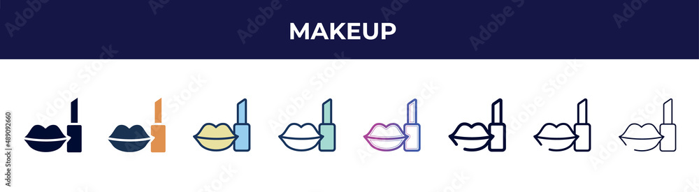 makeup icon in 8 styles. line, filled, glyph, thin outline, colorful, stroke and gradient styles, makeup vector sign. symbol, logo illustration. different style icons set.