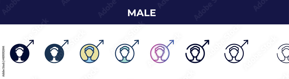 male icon in 8 styles. line, filled, glyph, thin outline, colorful, stroke and gradient styles, male vector sign. symbol, logo illustration. different style icons set. male icon in 8 styles. line, filled, glyph, thin outline, colorful, stroke and gradient styles, male vector sign. symbol, logo illustration. different style icons set.