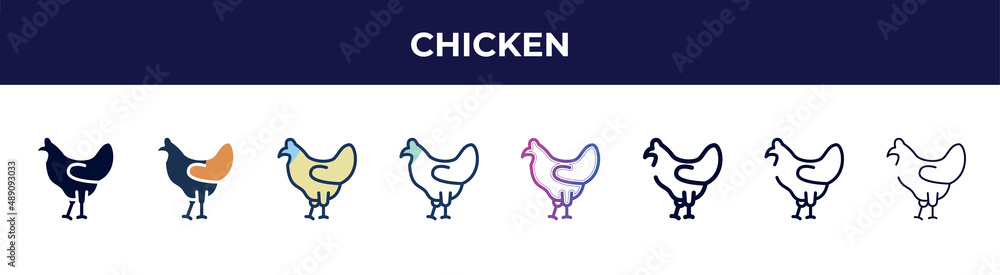 Fototapeta premium chicken icon in 8 styles. line, filled, glyph, thin outline, colorful, stroke and gradient styles, chicken vector sign. symbol, logo illustration. different style icons set.