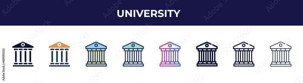 university icon in 8 styles. line, filled, glyph, thin outline, colorful, stroke and gradient styles, university vector sign. symbol, logo illustration. different style icons set. university icon in 8 styles. line, filled, glyph, thin outline, colorful, stroke and gradient styles, university vector sign. symbol, logo illustration. different style icons set.