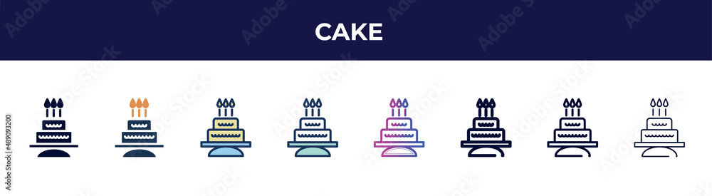cake icon in 8 styles. line, filled, glyph, thin outline, colorful, stroke and gradient styles, cake vector sign. symbol, logo illustration. different style icons set.