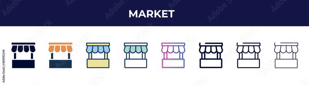 market icon in 8 styles. line, filled, glyph, thin outline, colorful, stroke and gradient styles, market vector sign. symbol, logo illustration. different style icons set. market icon in 8 styles. line, filled, glyph, thin outline, colorful, stroke and gradient styles, market vector sign. symbol, logo illustration. different style icons set.