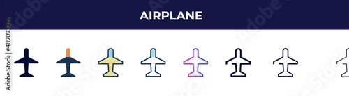 airplane icon in 8 styles. line, filled, glyph, thin outline, colorful, stroke and gradient styles, airplane vector sign. symbol, logo illustration. different style icons set.