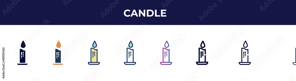 candle icon in 8 styles. line, filled, glyph, thin outline, colorful, stroke and gradient styles, candle vector sign. symbol, logo illustration. different style icons set.