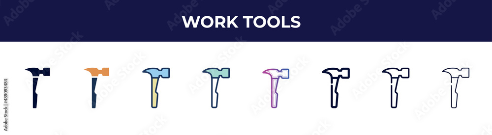 work tools icon in 8 styles. line, filled, glyph, thin outline, colorful, stroke and gradient styles, work tools vector sign. symbol, logo illustration. different style icons set. work tools icon in 8 styles. line, filled, glyph, thin outline, colorful, stroke and gradient styles, work tools vector sign. symbol, logo illustration. different style icons set.