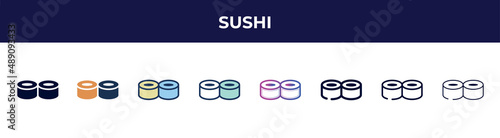 sushi icon in 8 styles. line, filled, glyph, thin outline, colorful, stroke and gradient styles, sushi vector sign. symbol, logo illustration. different style icons set.
