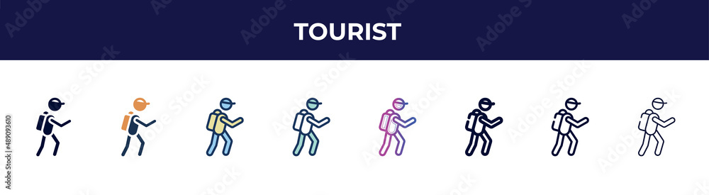 tourist icon in 8 styles. line, filled, glyph, thin outline, colorful, stroke and gradient styles, tourist vector sign. symbol, logo illustration. different style icons set. tourist icon in 8 styles. line, filled, glyph, thin outline, colorful, stroke and gradient styles, tourist vector sign. symbol, logo illustration. different style icons set.