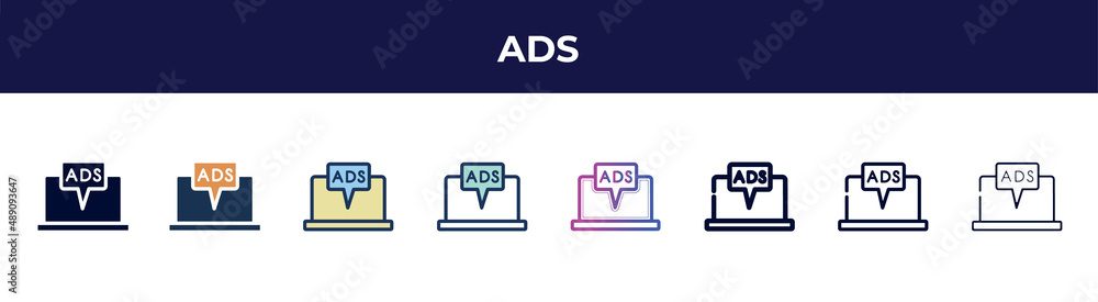 ads icon in 8 styles. line, filled, glyph, thin outline, colorful, stroke and gradient styles, ads vector sign. symbol, logo illustration. different style icons set. ads icon in 8 styles. line, filled, glyph, thin outline, colorful, stroke and gradient styles, ads vector sign. symbol, logo illustration. different style icons set.