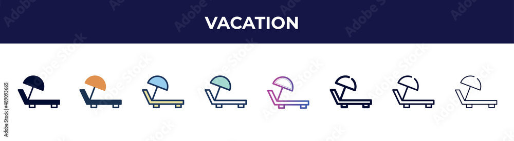 vacation icon in 8 styles. line, filled, glyph, thin outline, colorful, stroke and gradient styles, vacation vector sign. symbol, logo illustration. different style icons set. vacation icon in 8 styles. line, filled, glyph, thin outline, colorful, stroke and gradient styles, vacation vector sign. symbol, logo illustration. different style icons set.