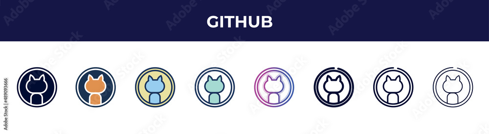 github icon in 8 styles. line, filled, glyph, thin outline, colorful ...