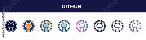 github icon in 8 styles. line, filled, glyph, thin outline, colorful, stroke and gradient styles, github vector sign. symbol, logo illustration. different style icons set.