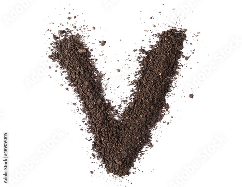 Dirt, alphabet letter V, soil isolated on white, clipping path photo