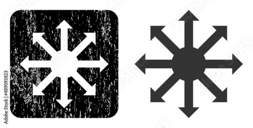 Vector radial arrows stencil icon. Grunge radial arrows seal stamp, done with icon and rounded square. Rounded square stamp seal include radial arrows cut out shape inside.