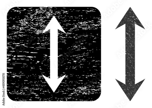 Vector vertical flip carved pictogram. Grunge vertical flip seal stamp, done with icon and rounded square. Rounded square stamp seal contain vertical flip hole inside.