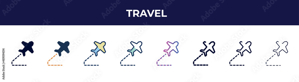 travel icon in 8 styles. line, filled, glyph, thin outline, colorful, stroke and gradient styles, travel vector sign. symbol, logo illustration. different style icons set. travel icon in 8 styles. line, filled, glyph, thin outline, colorful, stroke and gradient styles, travel vector sign. symbol, logo illustration. different style icons set.