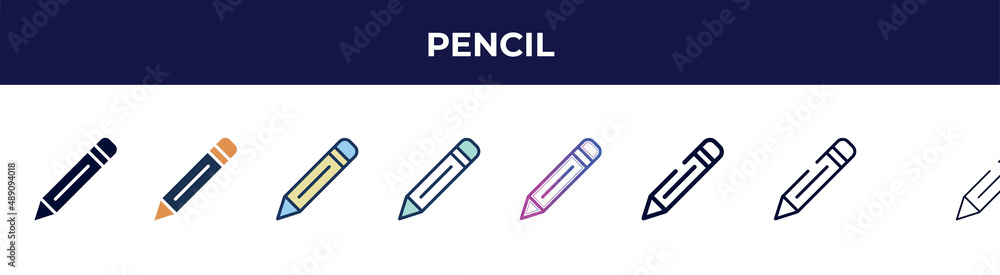 pencil icon in 8 styles. line, filled, glyph, thin outline, colorful, stroke and gradient styles, pencil vector sign. symbol, logo illustration. different style icons set. pencil icon in 8 styles. line, filled, glyph, thin outline, colorful, stroke and gradient styles, pencil vector sign. symbol, logo illustration. different style icons set.