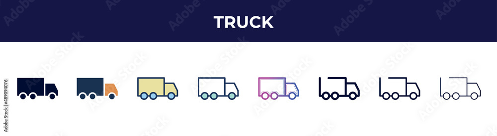 truck icon in 8 styles. line, filled, glyph, thin outline, colorful, stroke and gradient styles, truck vector sign. symbol, logo illustration. different style icons set. truck icon in 8 styles. line, filled, glyph, thin outline, colorful, stroke and gradient styles, truck vector sign. symbol, logo illustration. different style icons set.