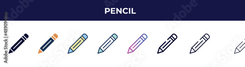 pencil icon in 8 styles. line, filled, glyph, thin outline, colorful, stroke and gradient styles, pencil vector sign. symbol, logo illustration. different style icons set.