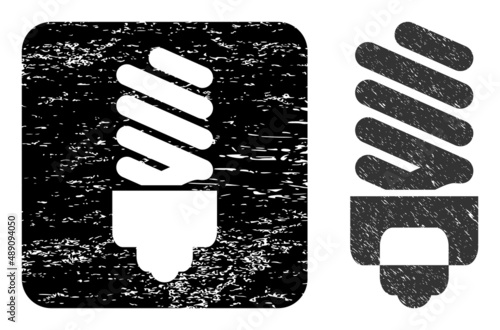 Vector fluorescent bulb carved icon. Grunge fluorescent bulb stamp, done with icon and rounded square. Rounded square stamp seal include fluorescent bulb subtracted shape inside.