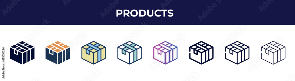 products icon in 8 styles. line, filled, glyph, thin outline, colorful, stroke and gradient styles, products vector sign. symbol, logo illustration. different style icons set. products icon in 8 styles. line, filled, glyph, thin outline, colorful, stroke and gradient styles, products vector sign. symbol, logo illustration. different style icons set.