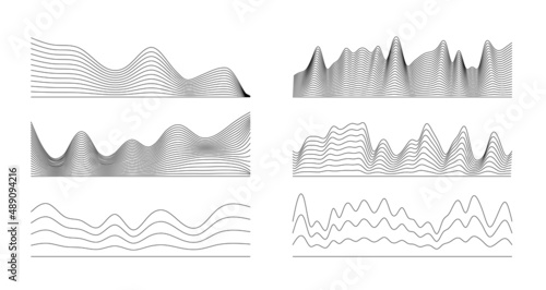 Black landscape mesh collection isolated on white background. Trendy line art grid Mountains and hills