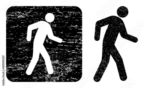 Vector pedestrian hole pictogram. Grunge pedestrian stamp, done from icon and rounded square. Rounded square seal contain pedestrian hole inside. Vector pedestrian grunge images.