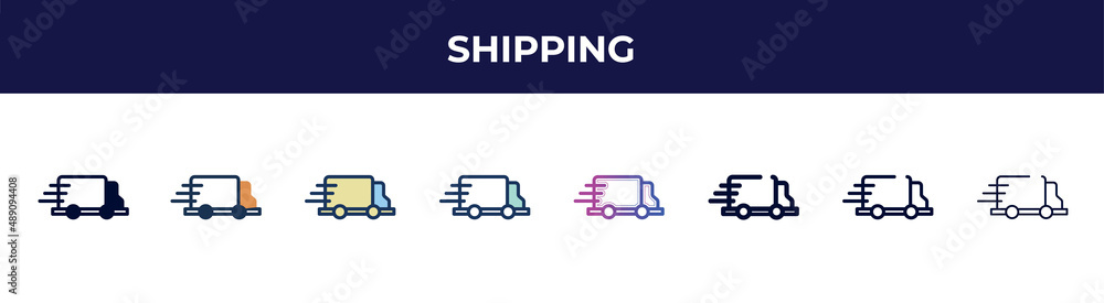 shipping icon in 8 styles. line, filled, glyph, thin outline, colorful, stroke and gradient styles, shipping vector sign. symbol, logo illustration. different style icons set. shipping icon in 8 styles. line, filled, glyph, thin outline, colorful, stroke and gradient styles, shipping vector sign. symbol, logo illustration. different style icons set.