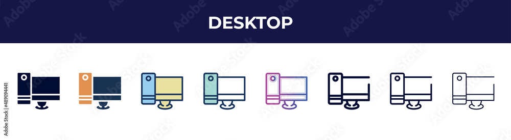 desktop icon in 8 styles. line, filled, glyph, thin outline, colorful, stroke and gradient styles, desktop vector sign. symbol, logo illustration. different style icons set. desktop icon in 8 styles. line, filled, glyph, thin outline, colorful, stroke and gradient styles, desktop vector sign. symbol, logo illustration. different style icons set.