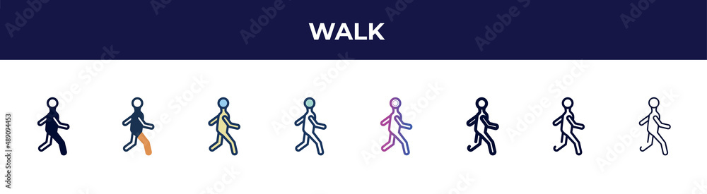 walk icon in 8 styles. line, filled, glyph, thin outline, colorful, stroke and gradient styles, walk vector sign. symbol, logo illustration. different style icons set. walk icon in 8 styles. line, filled, glyph, thin outline, colorful, stroke and gradient styles, walk vector sign. symbol, logo illustration. different style icons set.