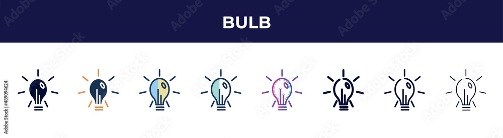 bulb icon in 8 styles. line, filled, glyph, thin outline, colorful, stroke and gradient styles, bulb vector sign. symbol, logo illustration. different style icons set. bulb icon in 8 styles. line, filled, glyph, thin outline, colorful, stroke and gradient styles, bulb vector sign. symbol, logo illustration. different style icons set.