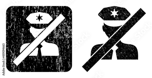Vector blacklisted policeman subtracted pictogram. Grunge blacklisted policeman seal stamp, done from icon and rounded square.