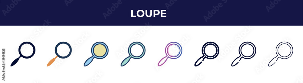 loupe icon in 8 styles. line, filled, glyph, thin outline, colorful, stroke and gradient styles, loupe vector sign. symbol, logo illustration. different style icons set. loupe icon in 8 styles. line, filled, glyph, thin outline, colorful, stroke and gradient styles, loupe vector sign. symbol, logo illustration. different style icons set.