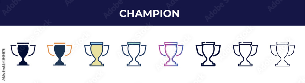 champion icon in 8 styles. line, filled, glyph, thin outline, colorful, stroke and gradient styles, champion vector sign. symbol, logo illustration. different style icons set. champion icon in 8 styles. line, filled, glyph, thin outline, colorful, stroke and gradient styles, champion vector sign. symbol, logo illustration. different style icons set.