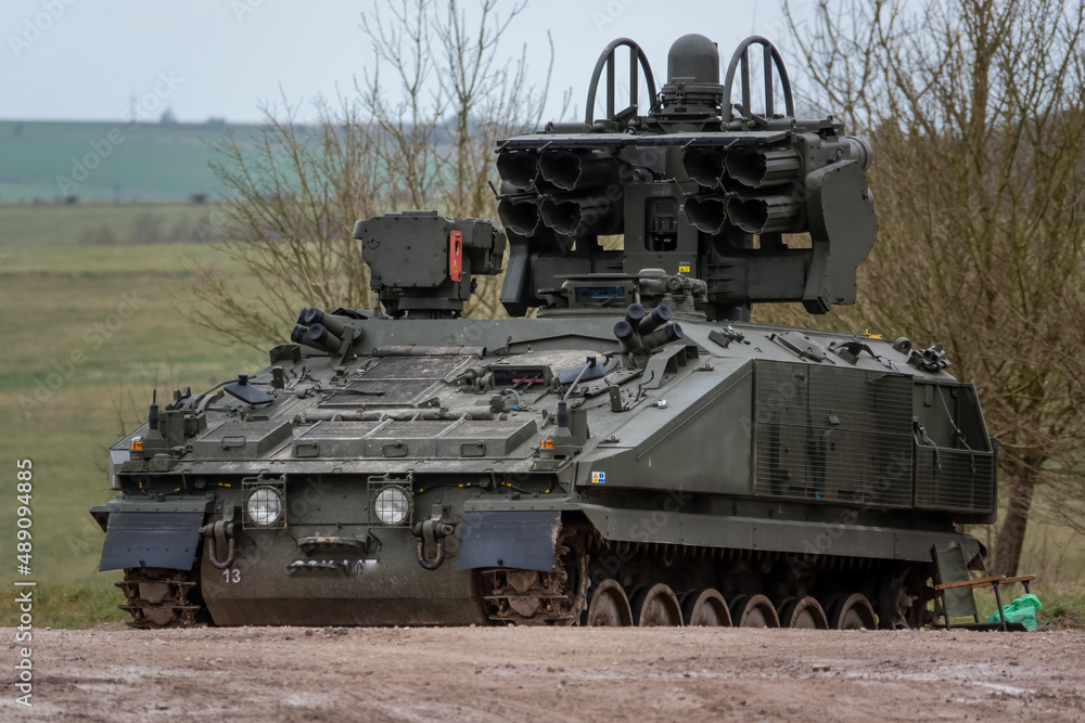 British Army Alvis Stormer Starstreak tracked armoured vehicle equipped with short range air defense high-velocity missile HVM system in action on a military exercise, Wiltshire UK British Army Alvis Stormer Starstreak tracked armoured vehicle equipped with short range air defense high-velocity missile HVM system in action on a military exercise, Wiltshire UK