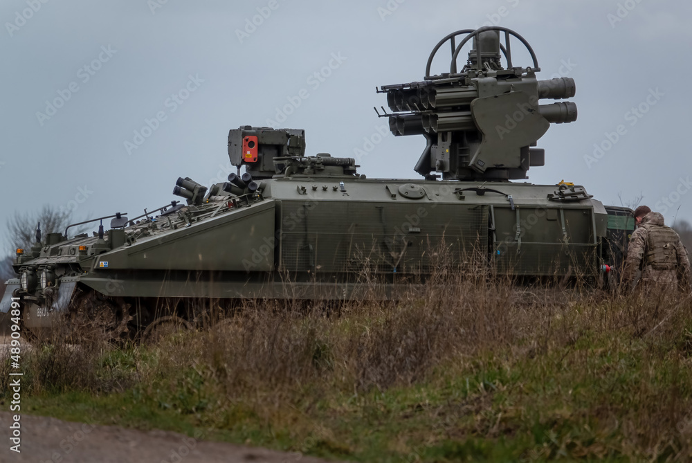 British Army Alvis Stormer Starstreak CVR-T tracked armoured vehicle equipped with short range air defense high-velocity missile system in action on a military exercise, Wiltshire UK British Army Alvis Stormer Starstreak CVR-T tracked armoured vehicle equipped with short range air defense high-velocity missile system in action on a military exercise, Wiltshire UK
