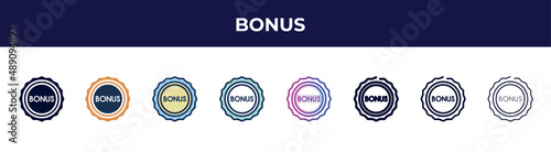 bonus icon in 8 styles. line, filled, glyph, thin outline, colorful, stroke and gradient styles, bonus vector sign. symbol, logo illustration. different style icons set.