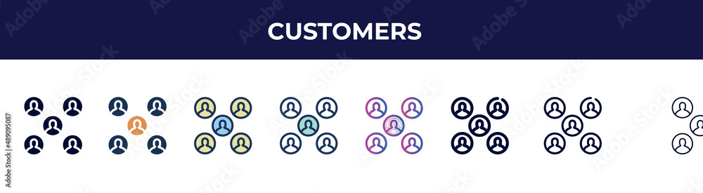 Obraz premium customers icon in 8 styles. line, filled, glyph, thin outline, colorful, stroke and gradient styles, customers vector sign. symbol, logo illustration. different style icons set.