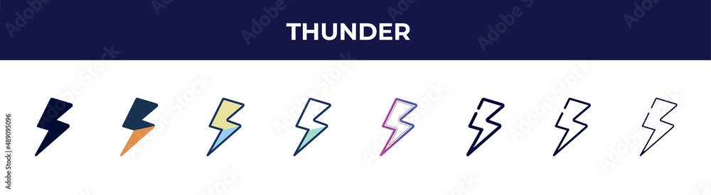 thunder icon in 8 styles. line, filled, glyph, thin outline, colorful, stroke and gradient styles, thunder vector sign. symbol, logo illustration. different style icons set. thunder icon in 8 styles. line, filled, glyph, thin outline, colorful, stroke and gradient styles, thunder vector sign. symbol, logo illustration. different style icons set.