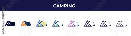 camping icon in 8 styles. line, filled, glyph, thin outline, colorful, stroke and gradient styles, camping vector sign. symbol, logo illustration. different style icons set.