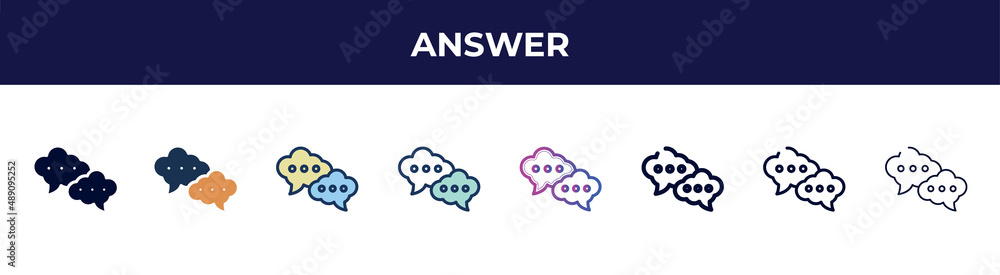 answer icon in 8 styles. line, filled, glyph, thin outline, colorful, stroke and gradient styles, answer vector sign. symbol, logo illustration. different style icons set. answer icon in 8 styles. line, filled, glyph, thin outline, colorful, stroke and gradient styles, answer vector sign. symbol, logo illustration. different style icons set.